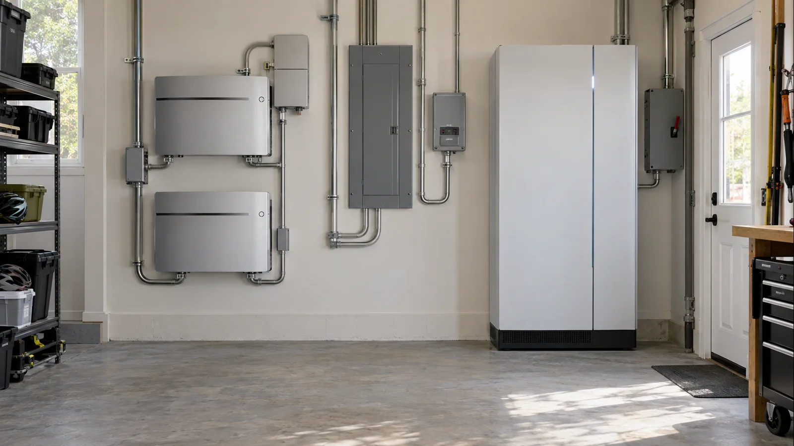 Two premium residential home battery system approaches installed in a U.S. garage