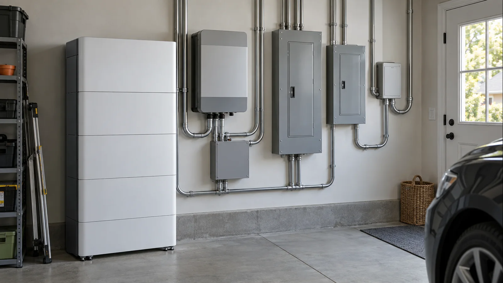 Residential battery cabinets with electrical panels and backup equipment showing capacity and power planning context