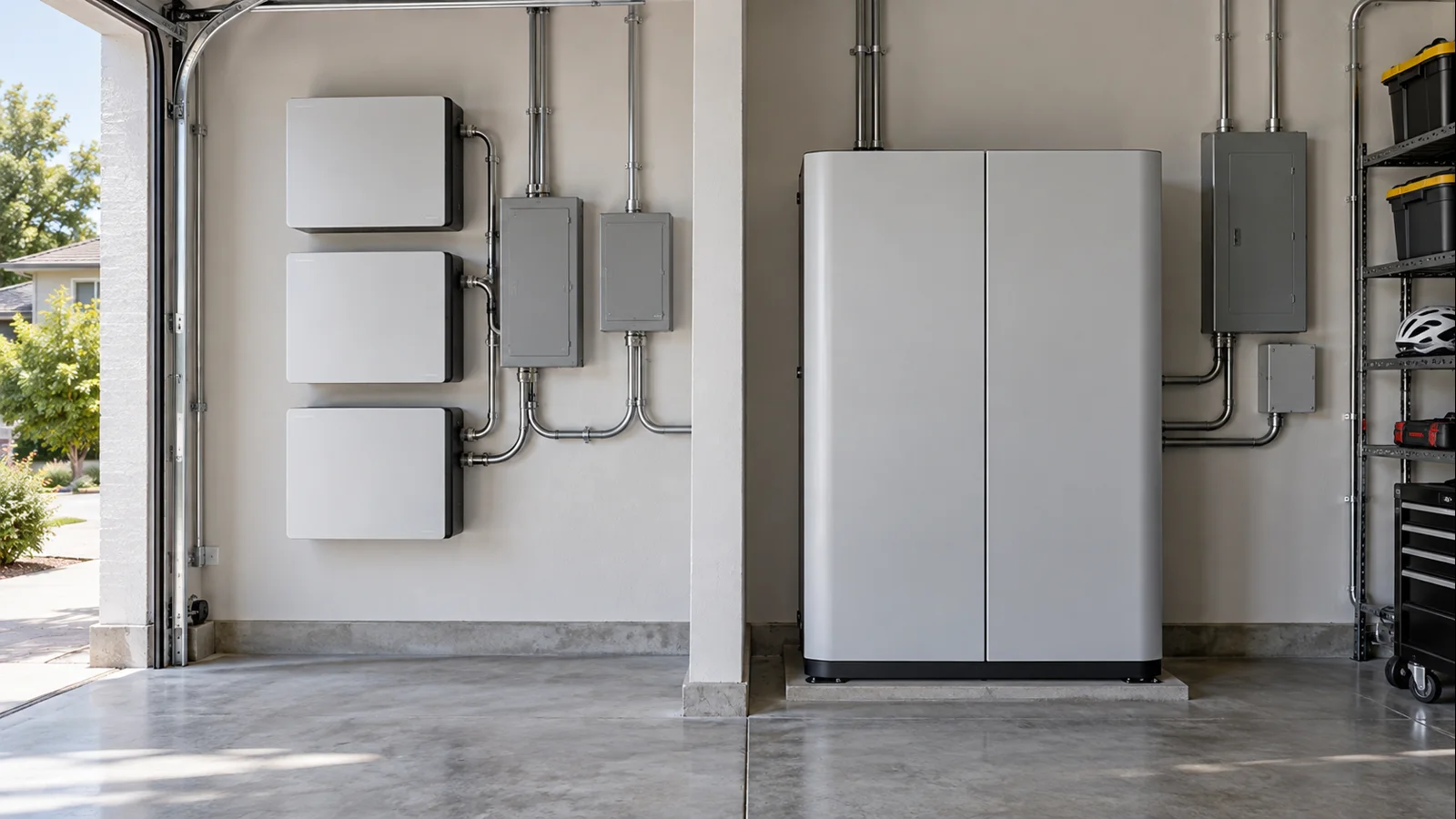 Modular wall-mounted home batteries beside a larger integrated battery cabinet in a residential installation