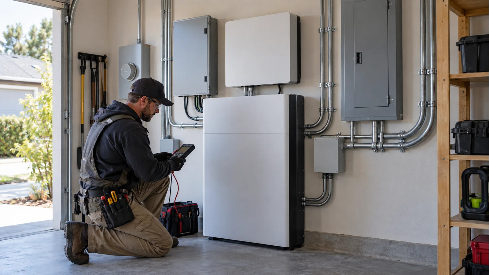 Certified installer safely commissioning a premium residential home battery system