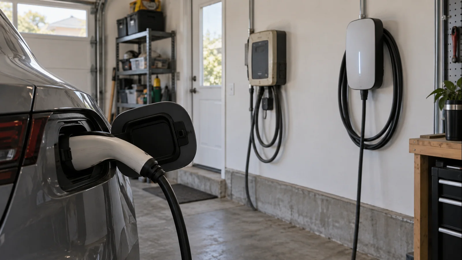 Legacy wall-mounted Level 2 EV charger connected to an electric vehicle in a U.S. residential garage