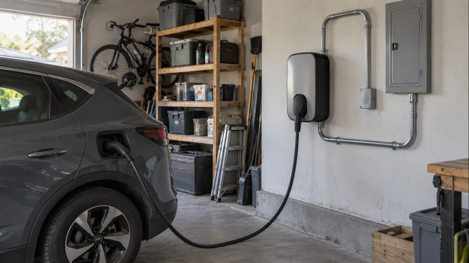 Wall-mounted Level 2 EV charger on a dedicated residential circuit with nearby electrical panel