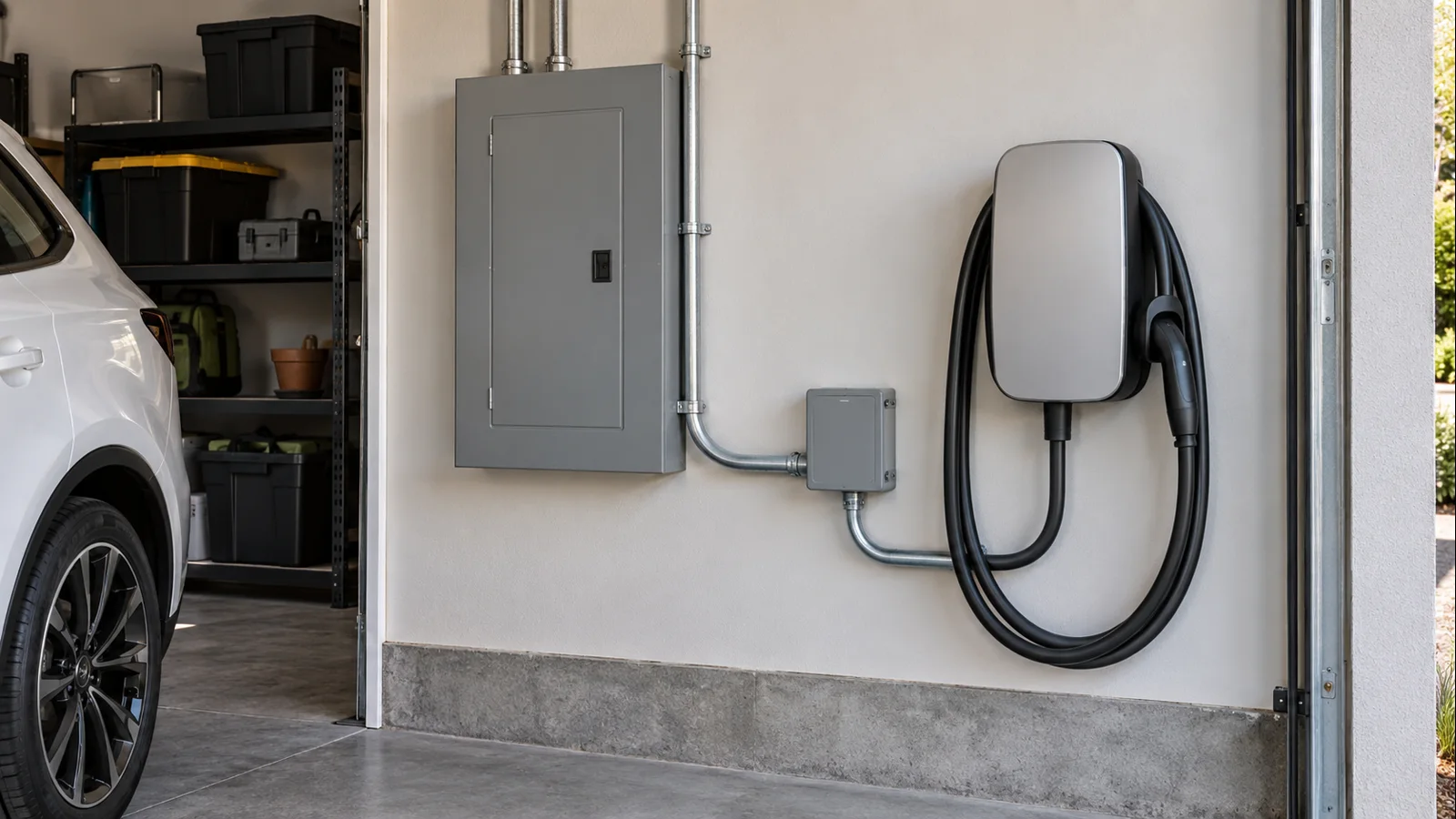 Residential Level 2 EV charging equipment with cable, vehicle charge port, panel and conduit context