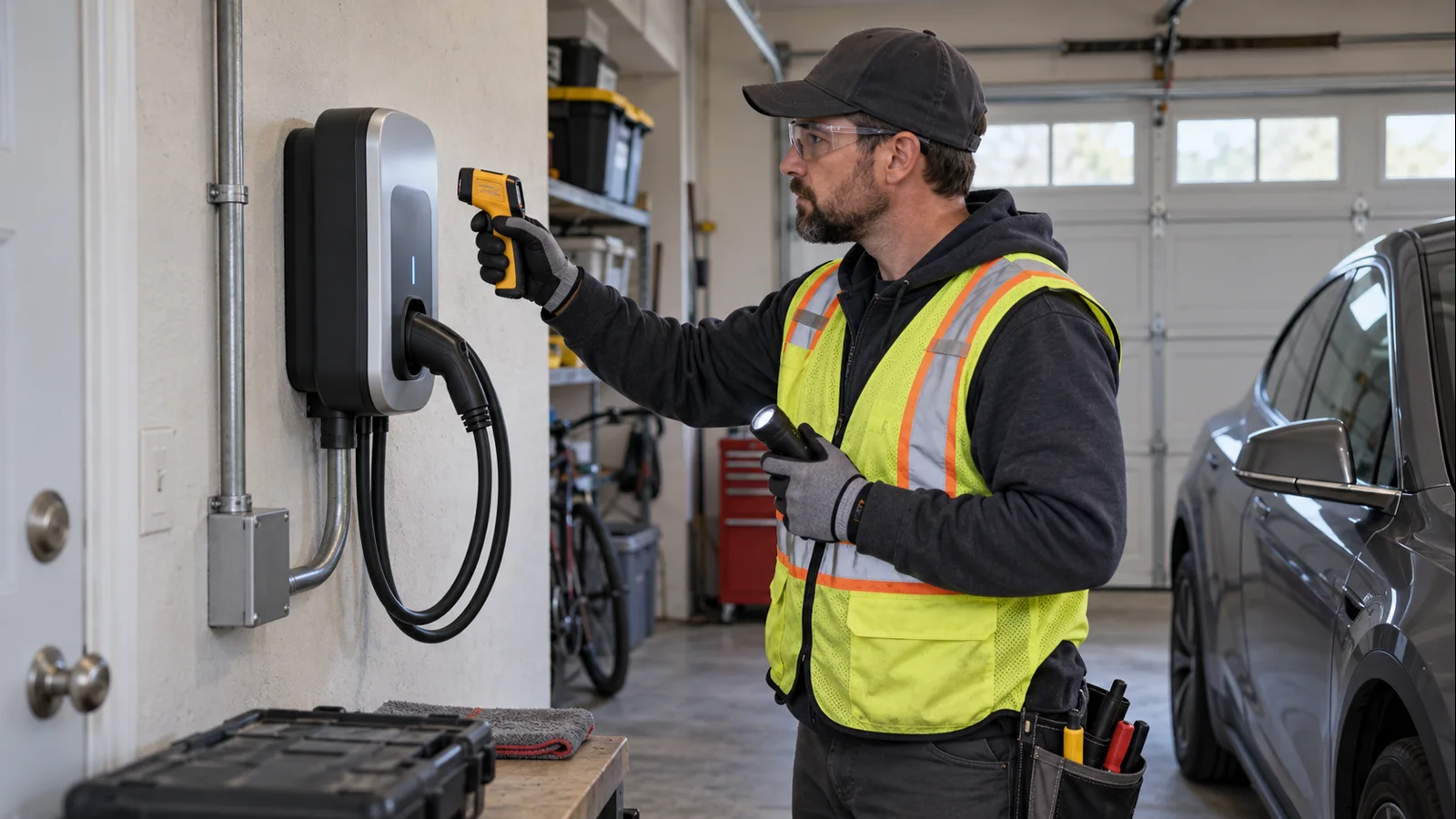 Electrician safely inspecting an installed residential Level 2 EV charger and charging cable