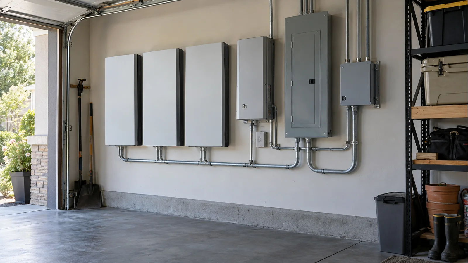 Modular wall-mounted home battery system with service panel and backup equipment in a U.S. garage