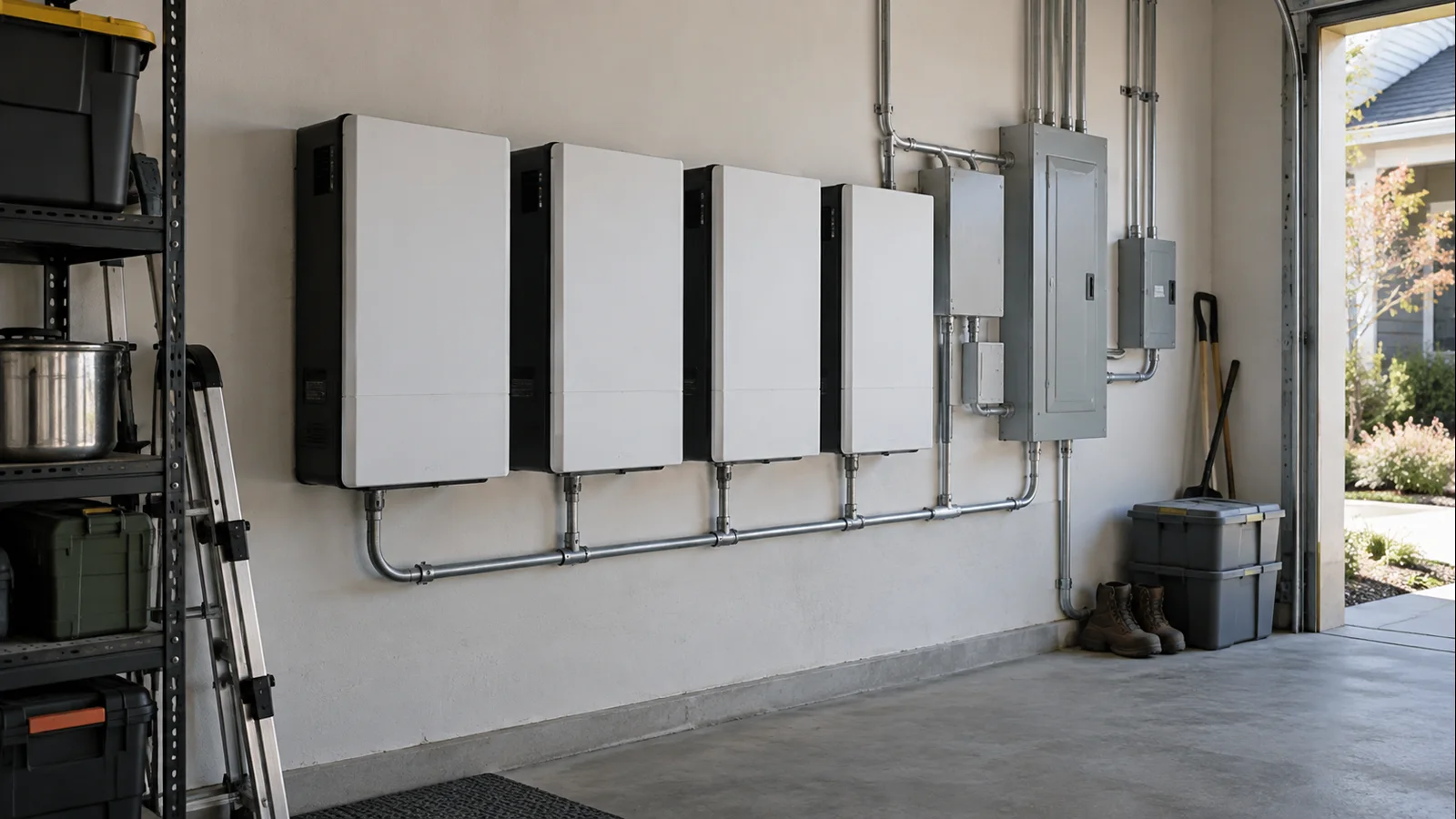 Multiple compact residential battery modules installed for modular expansion in a utility room