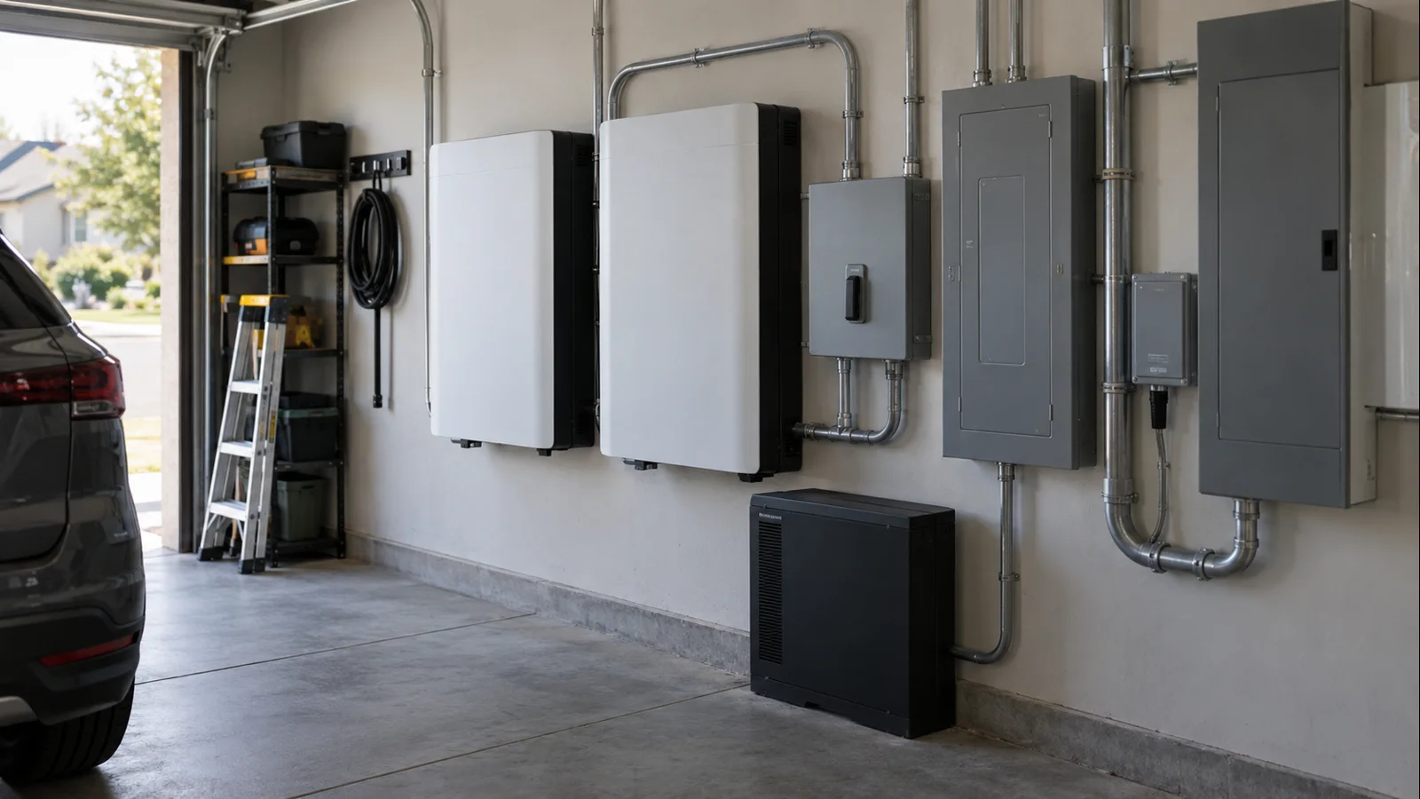 Home battery installation with protected-load panel showing separate capacity and power constraints