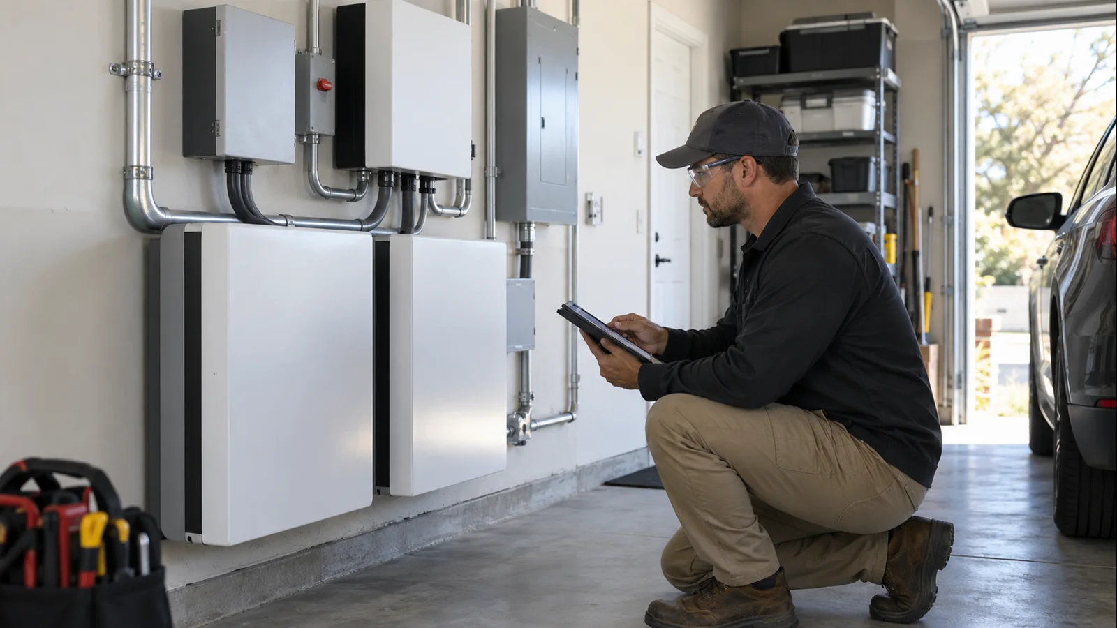 Certified installer safely commissioning residential battery, solar and backup electrical equipment