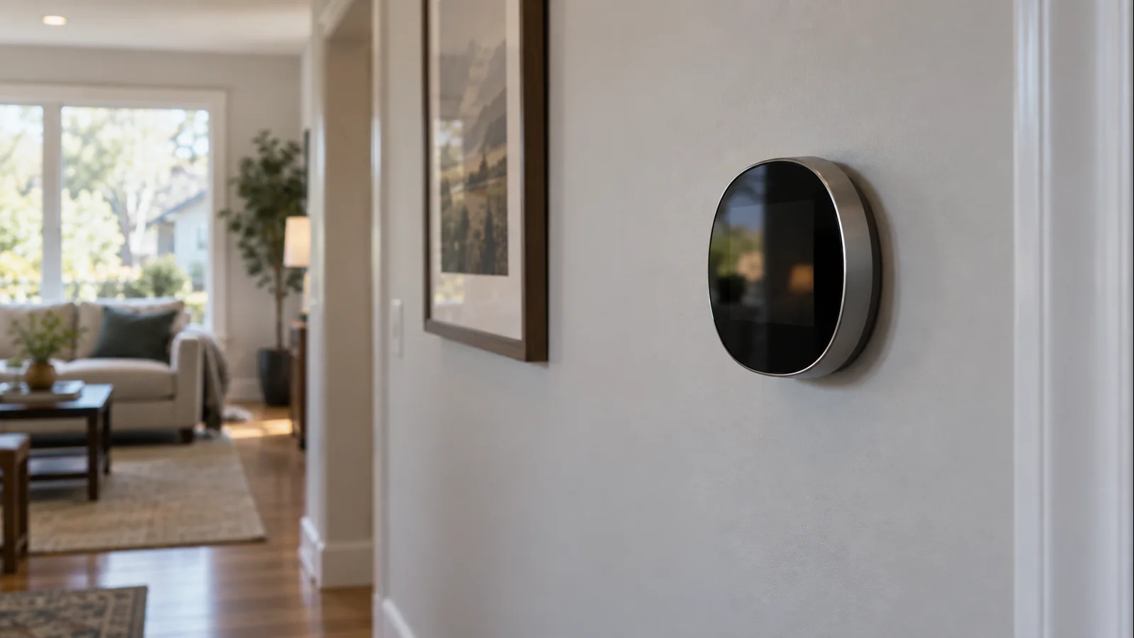 Premium smart thermostat installed in a modern but ordinary U.S. home interior