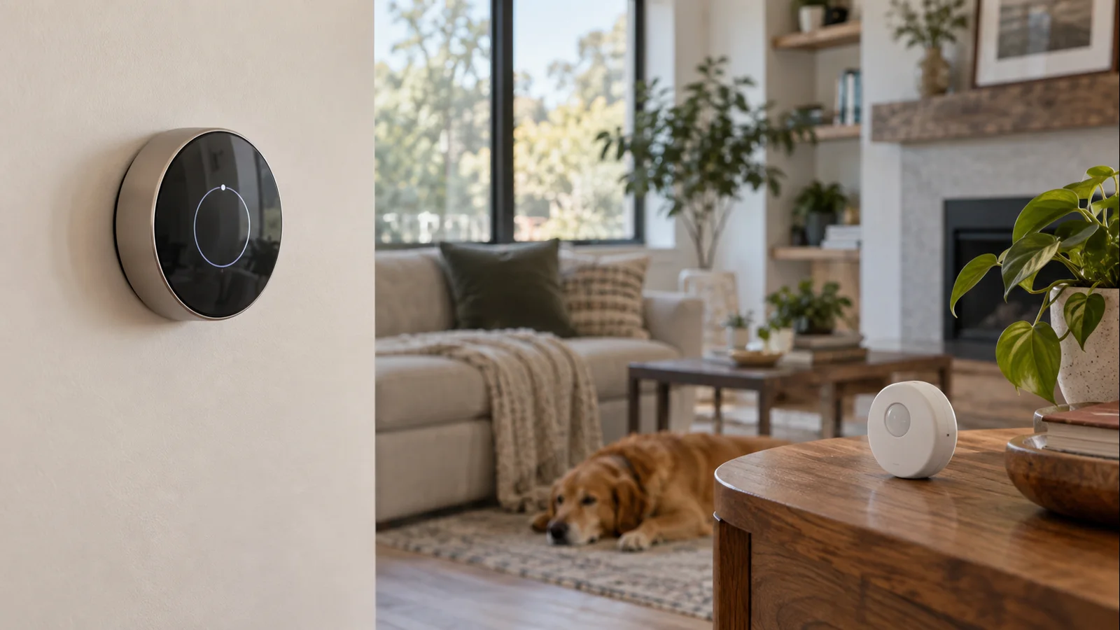 Smart thermostat and remote room sensor in a realistic residential living space