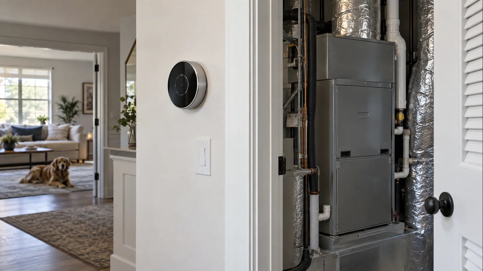 Residential thermostat shown with compatible heat-pump and HVAC equipment context