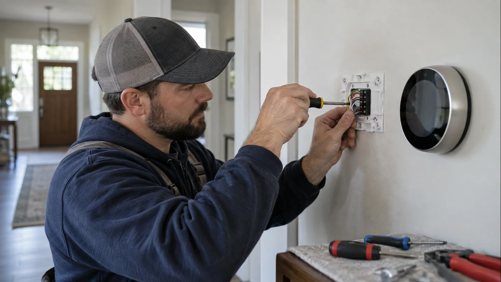 HVAC technician safely installing and commissioning a smart thermostat with power off