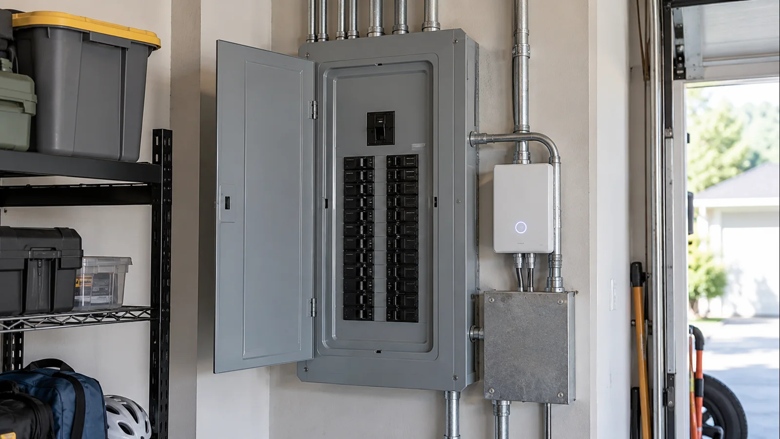 Smart electrical panel and connected breaker hardware in a U.S. residential garage
