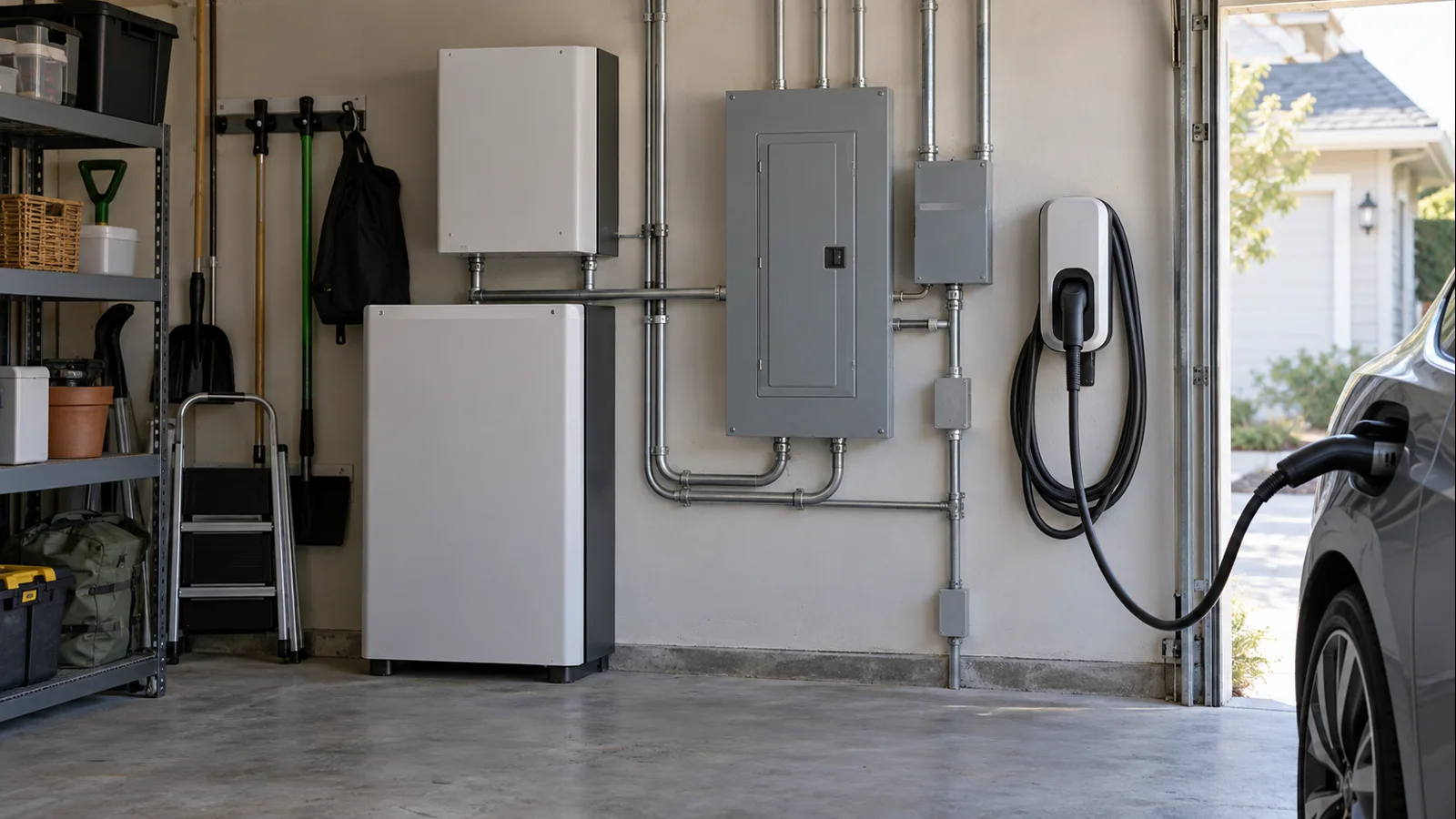 Home electrical panel coordinating EV charging and battery equipment for load management