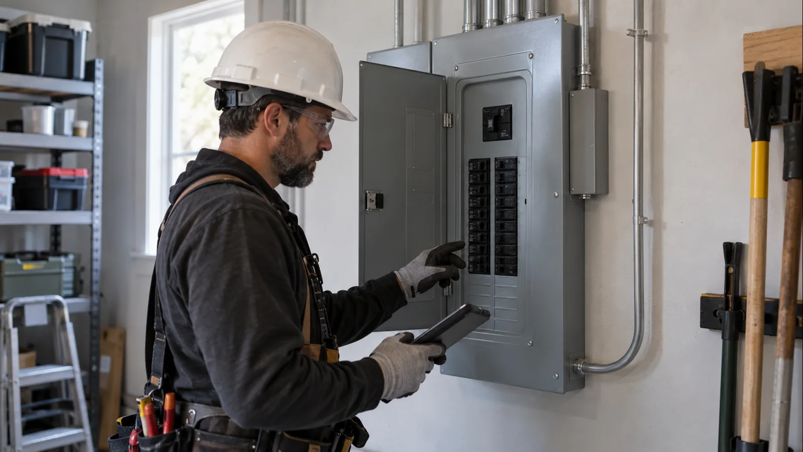 Electrician safely inspecting a smart residential electrical panel and breaker system