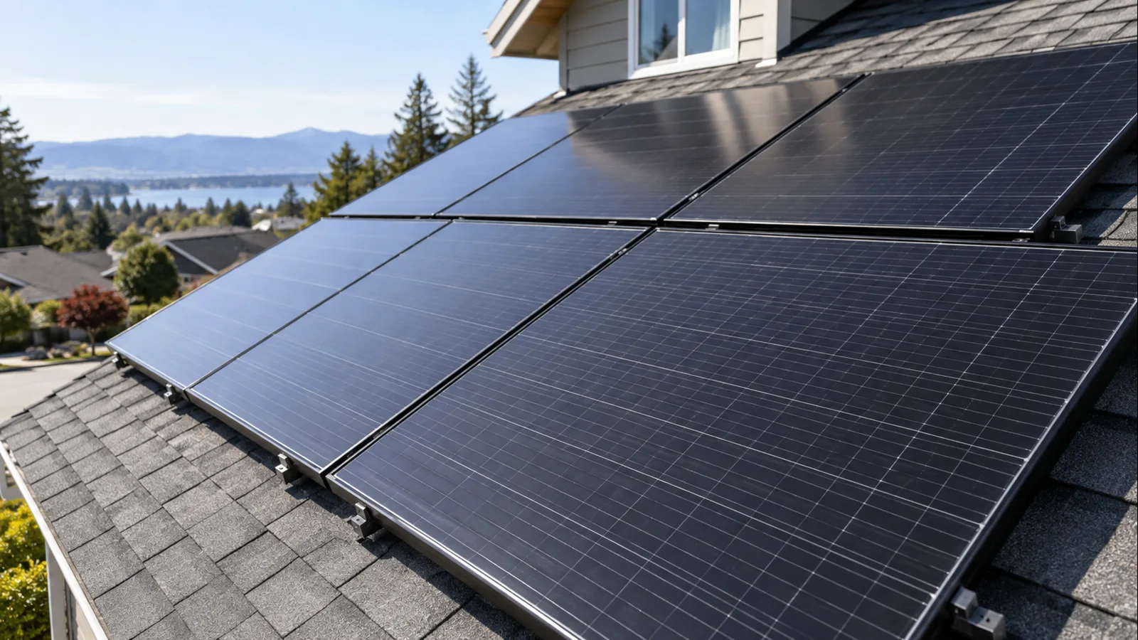 Close residential rooftop view of premium solar modules and mounting hardware