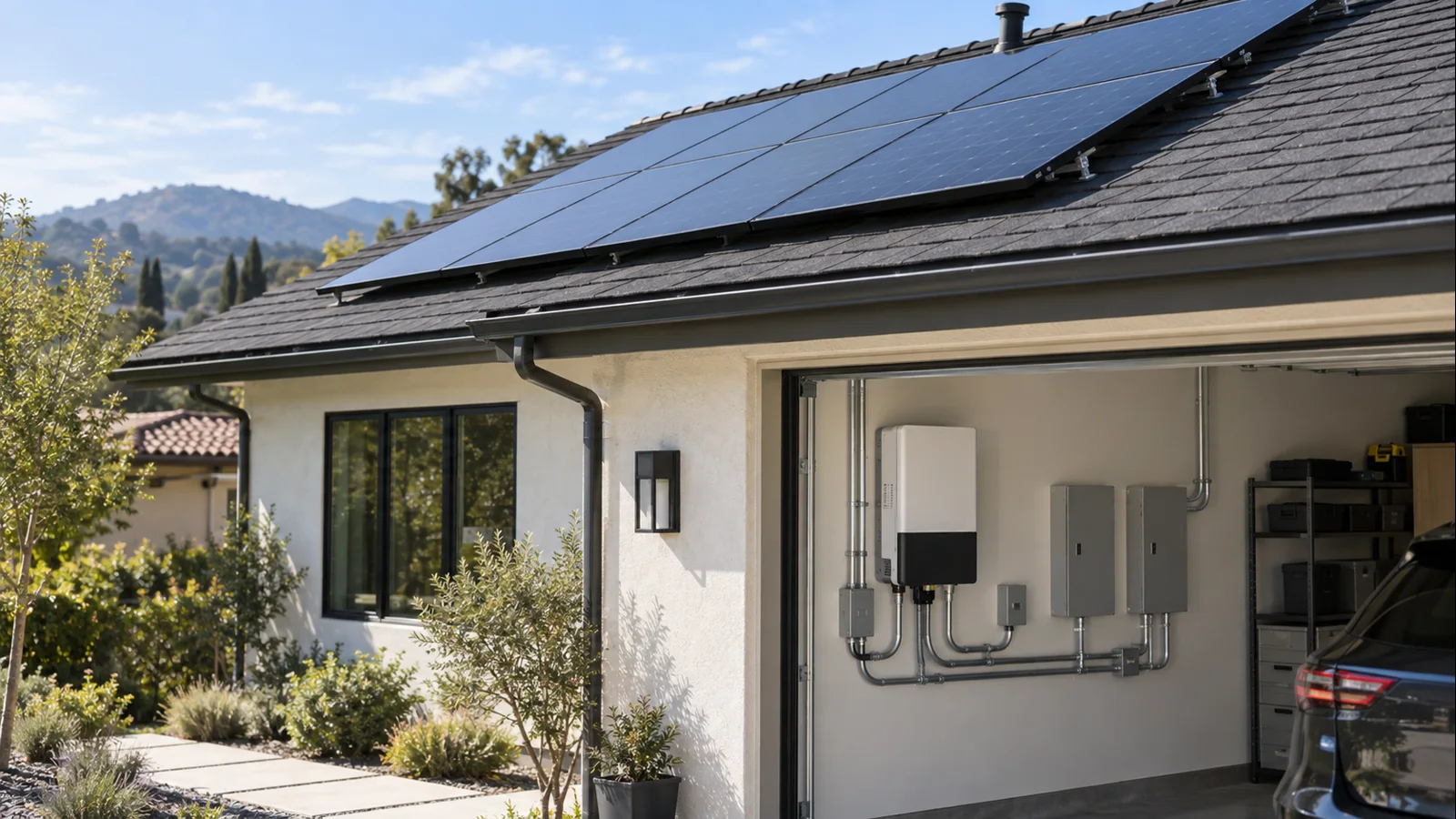 Solar installer safely inspecting a residential rooftop module installation