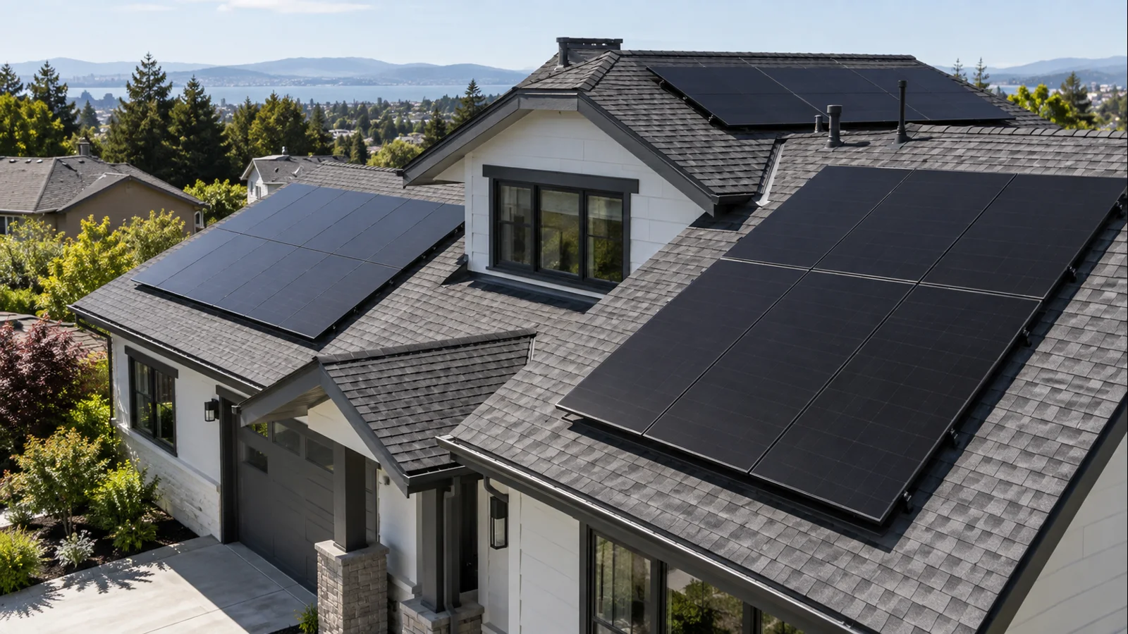 Modern black residential solar modules installed on a U.S. home