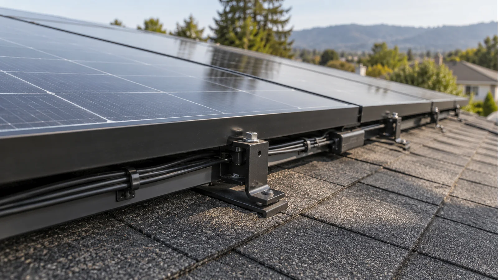 Close rooftop view of high-density residential solar modules and usable roof area