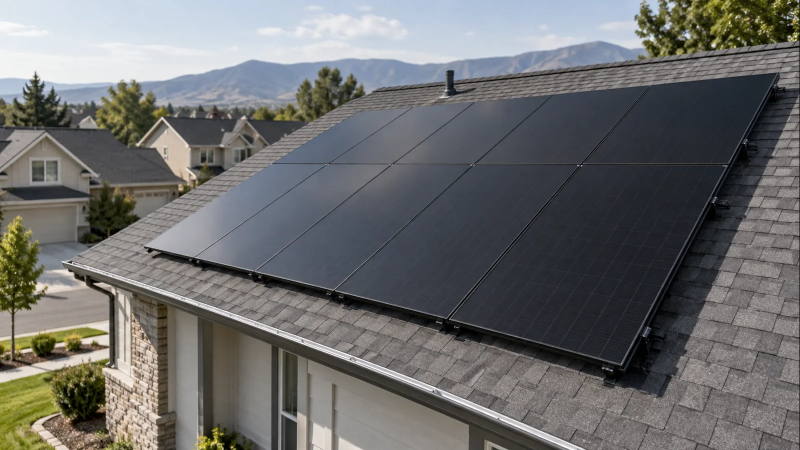 Detailed residential solar module, racking and cable installation at the roof edge