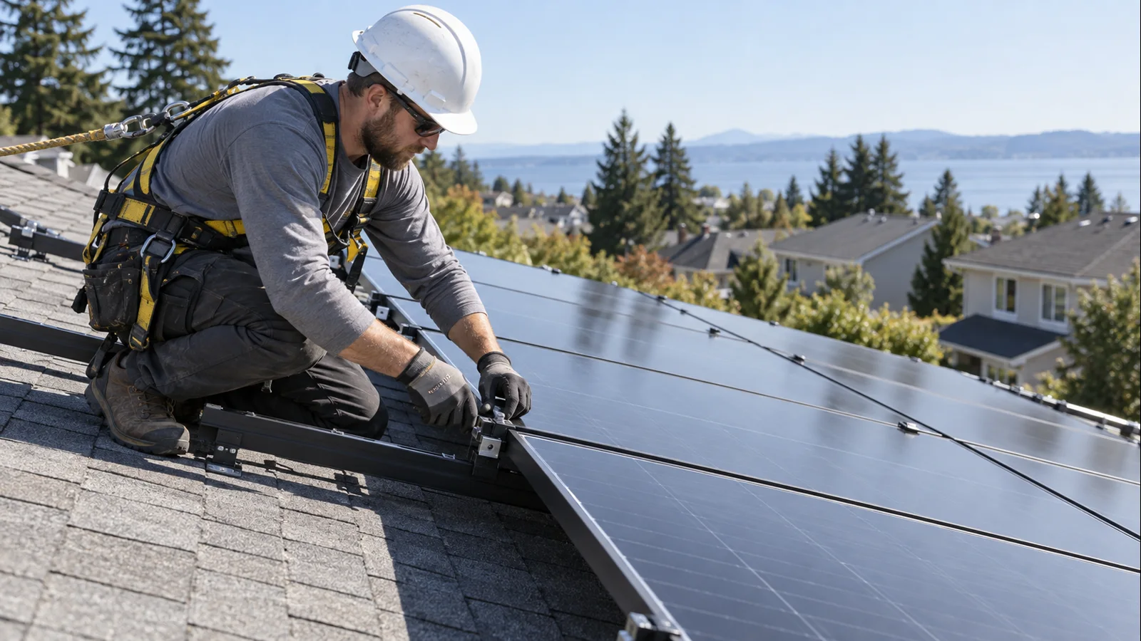 Solar installer safely working on a modern residential rooftop array
