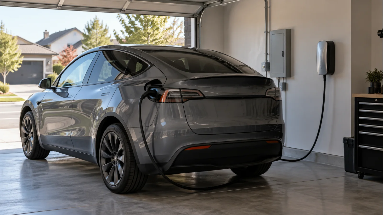 Tesla Model Y charging at a wall-mounted Level 2 charger in a U.S. residential garage