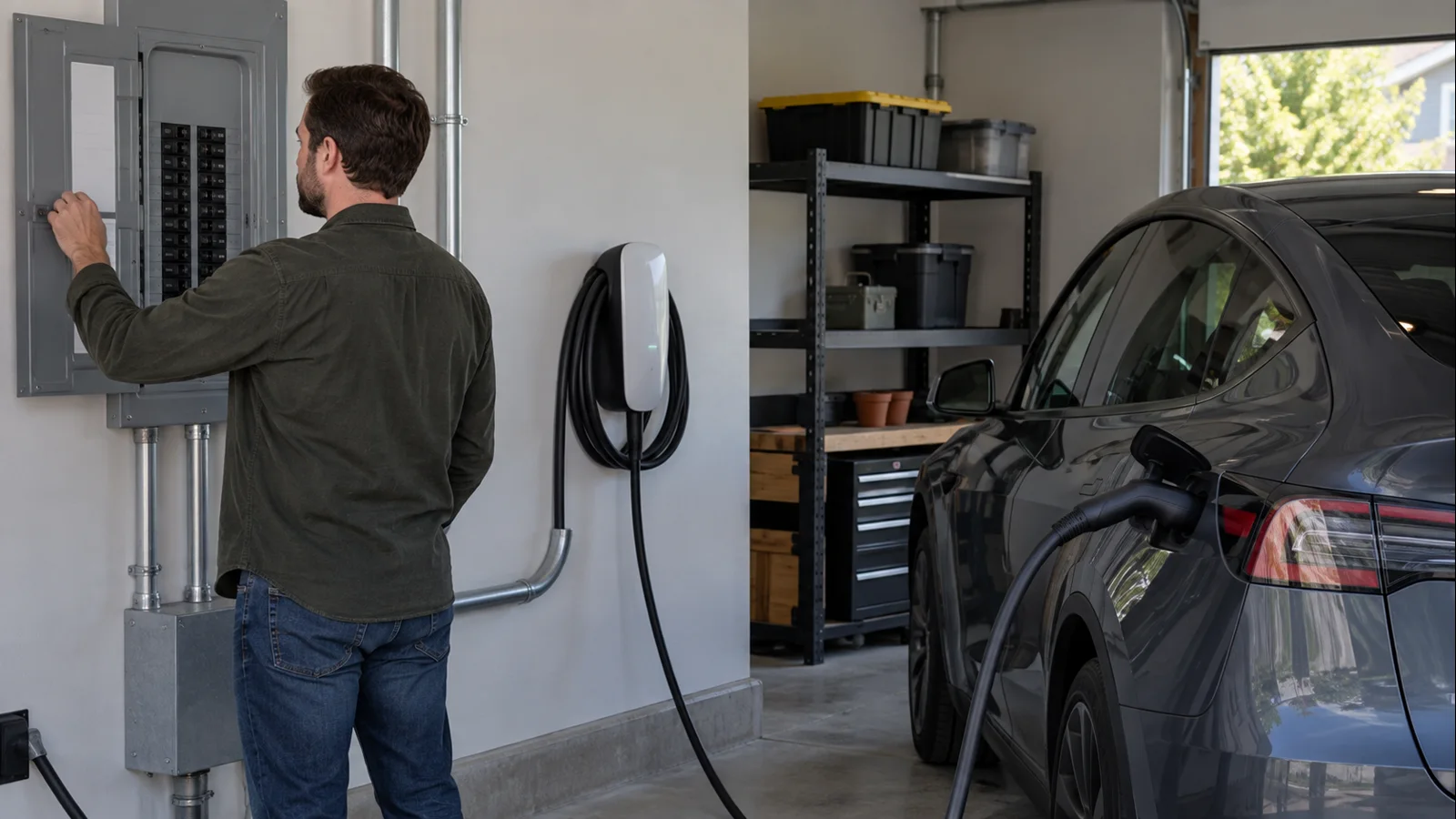 Residential Level 2 charging setup with Tesla Model Y, charging cable and electrical panel context