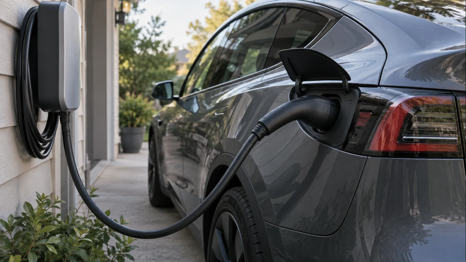 Close view of Tesla Model Y connected to a residential Level 2 charger with realistic cable reach