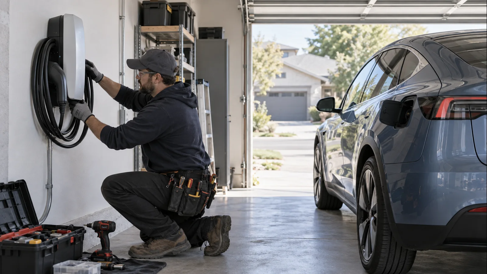 Electrician safely commissioning a wall-mounted Level 2 charger beside a Tesla Model Y