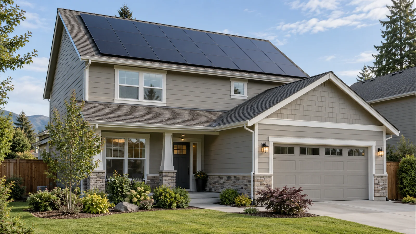 U.S. home with a modern rooftop solar array using dark high-efficiency modules