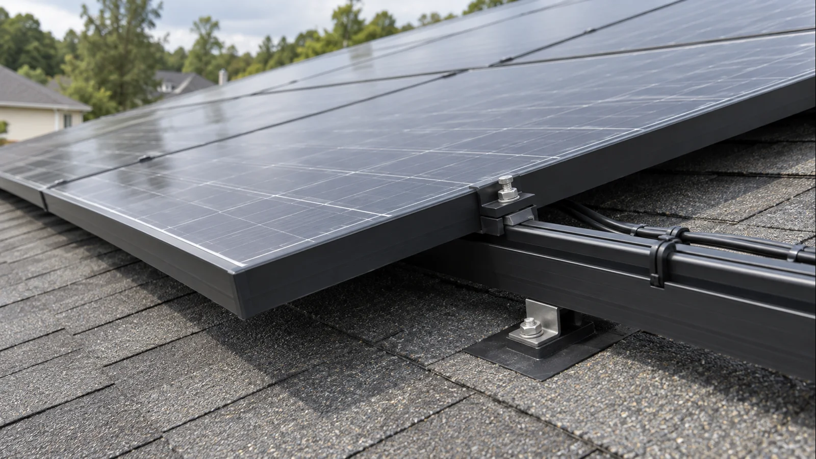 Close technical view of rooftop solar modules, racking and concealed wiring in a residential installation