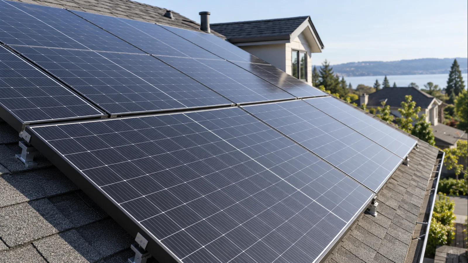 Close residential rooftop view of modern high-efficiency solar modules mounted on asphalt shingles