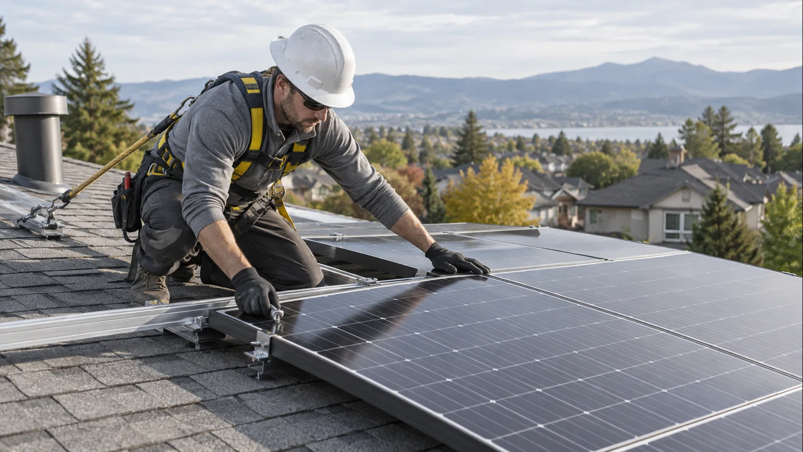 Solar installer safely positioning a residential rooftop solar module on racking