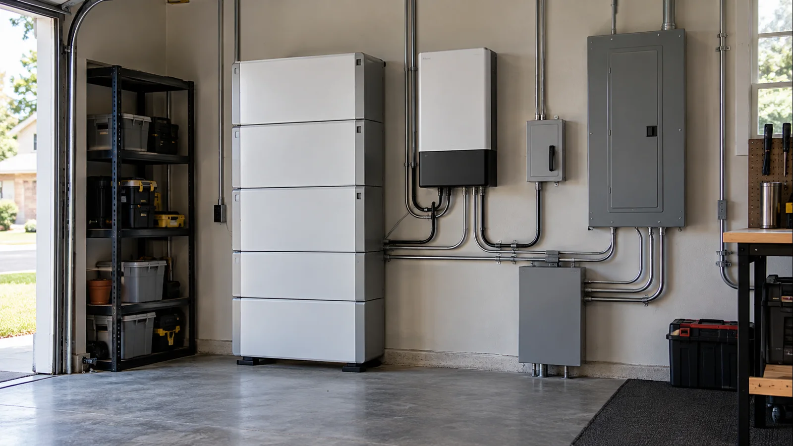 Modular home battery system with inverter, electrical panel and backup equipment in a U.S. garage