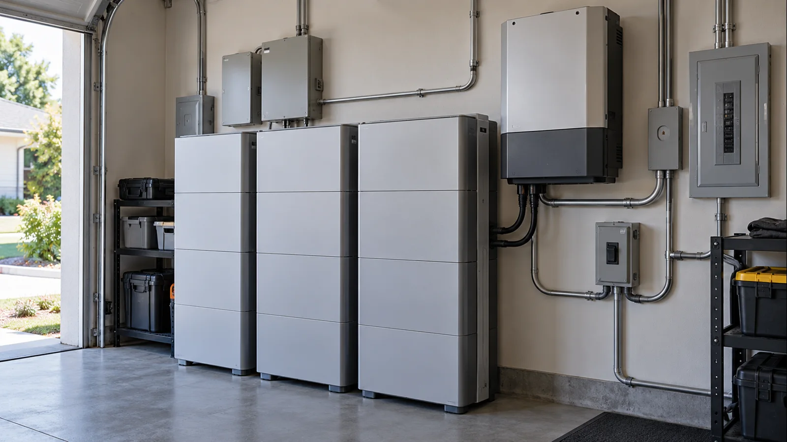 Expandable residential battery cabinets with inverter and transfer equipment in a practical garage installation