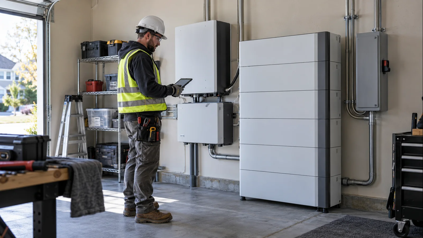 Electrician safely commissioning a modular residential home battery system