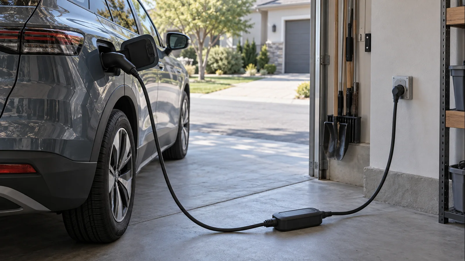 Portable EV charging cable connected directly to a suitable residential receptacle beside an electric vehicle