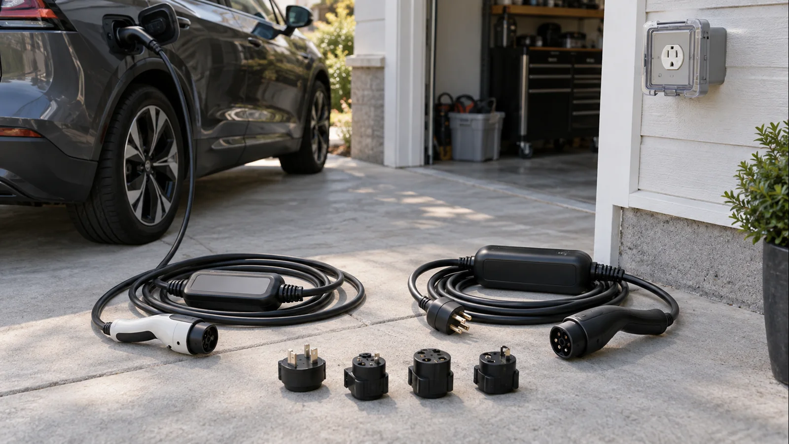 Two portable EV charging cable types and plug adapters arranged safely near an EV and wall receptacle
