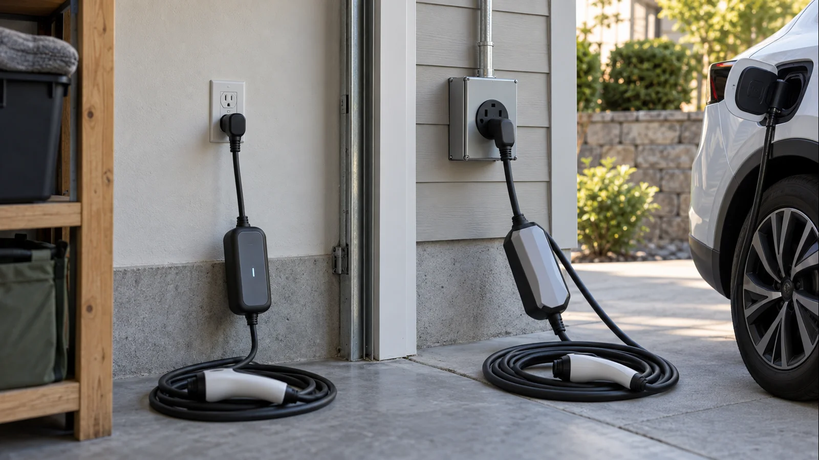 Residential 120-volt and 240-volt receptacle context with portable EV charging equipment