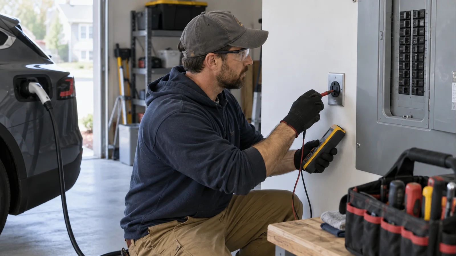 Electrician safely checking a residential receptacle intended for portable EV charging