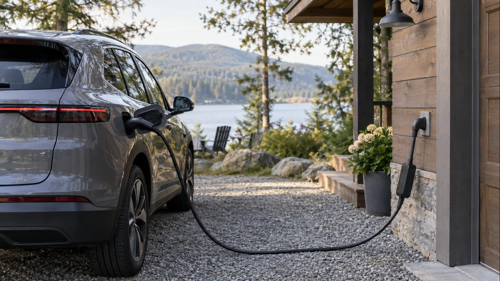 Portable Level 2 EV charging cable connected to an electric vehicle at a residential 240V outlet