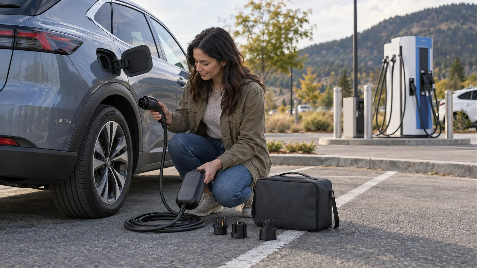 Portable EV charging cable and plug adapters beside an electric vehicle near public DC fast chargers