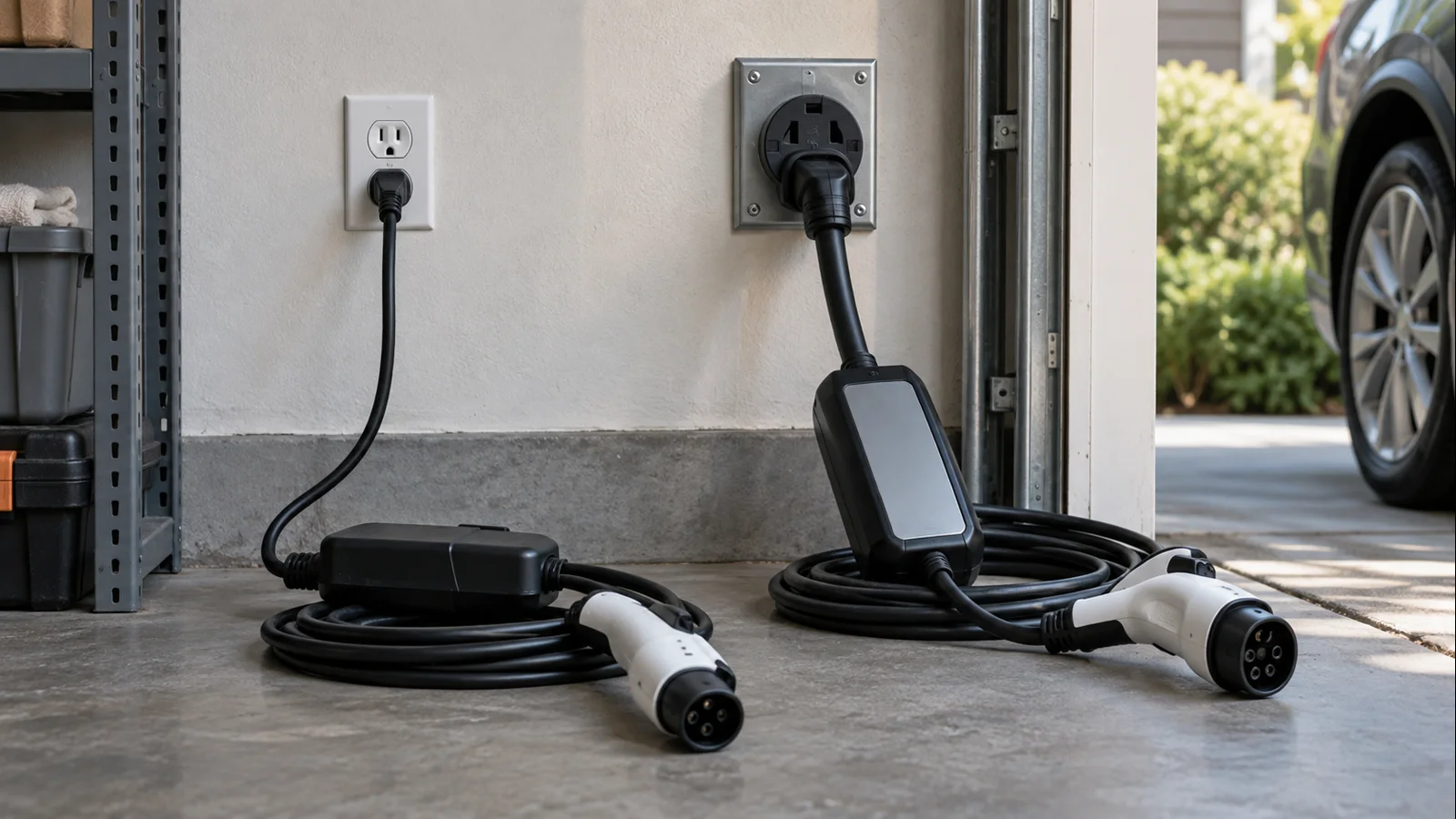 Portable EV charging equipment beside residential 120V and 240V receptacle locations