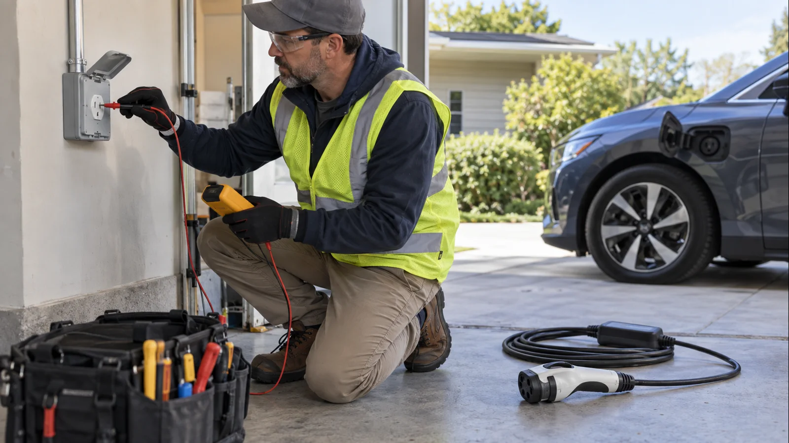 Electrician checking a residential receptacle and portable EV charging setup with test equipment