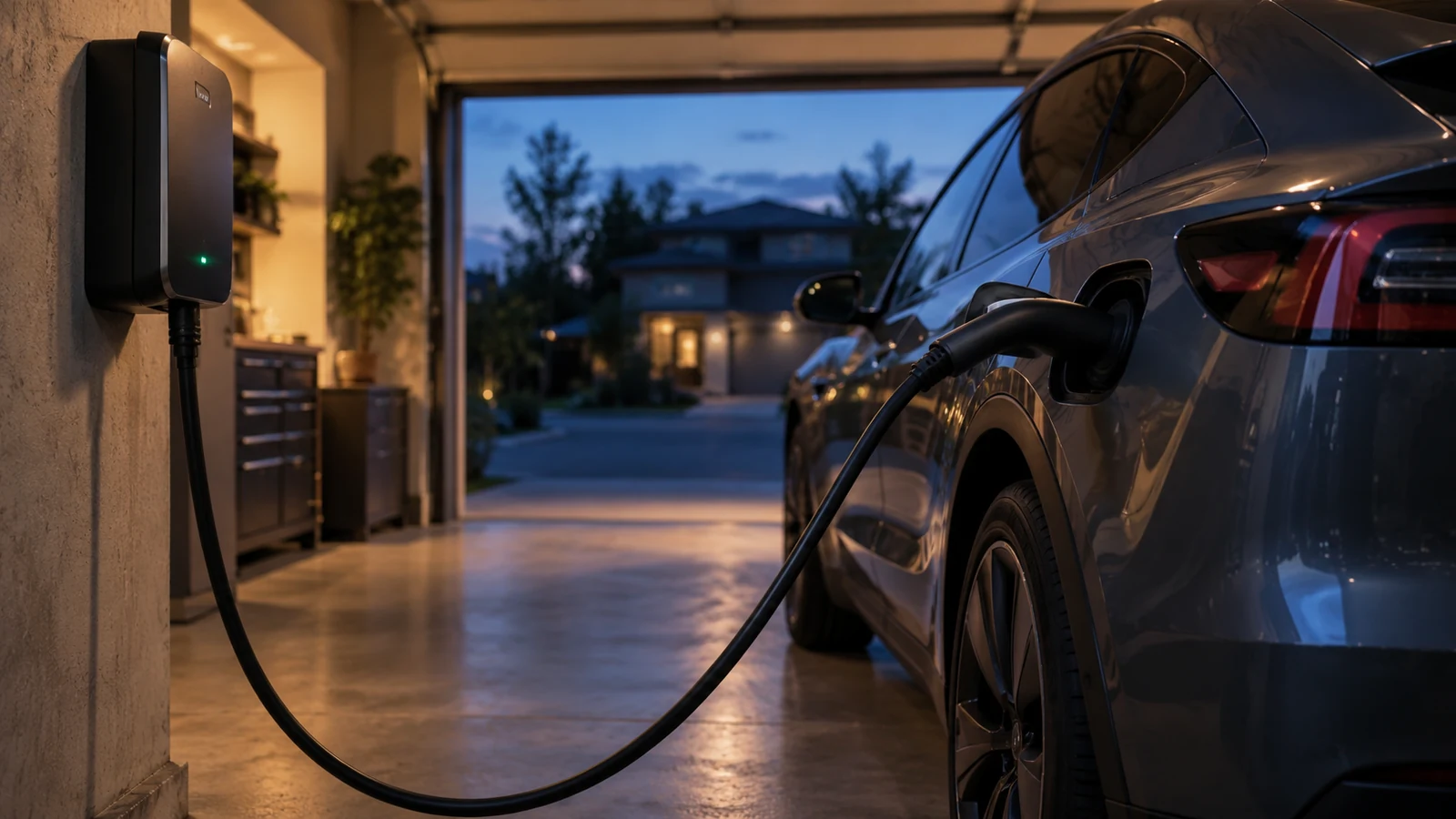 A wall-mounted home EV charger with its cable connected to an electric car in a residential garage at dusk