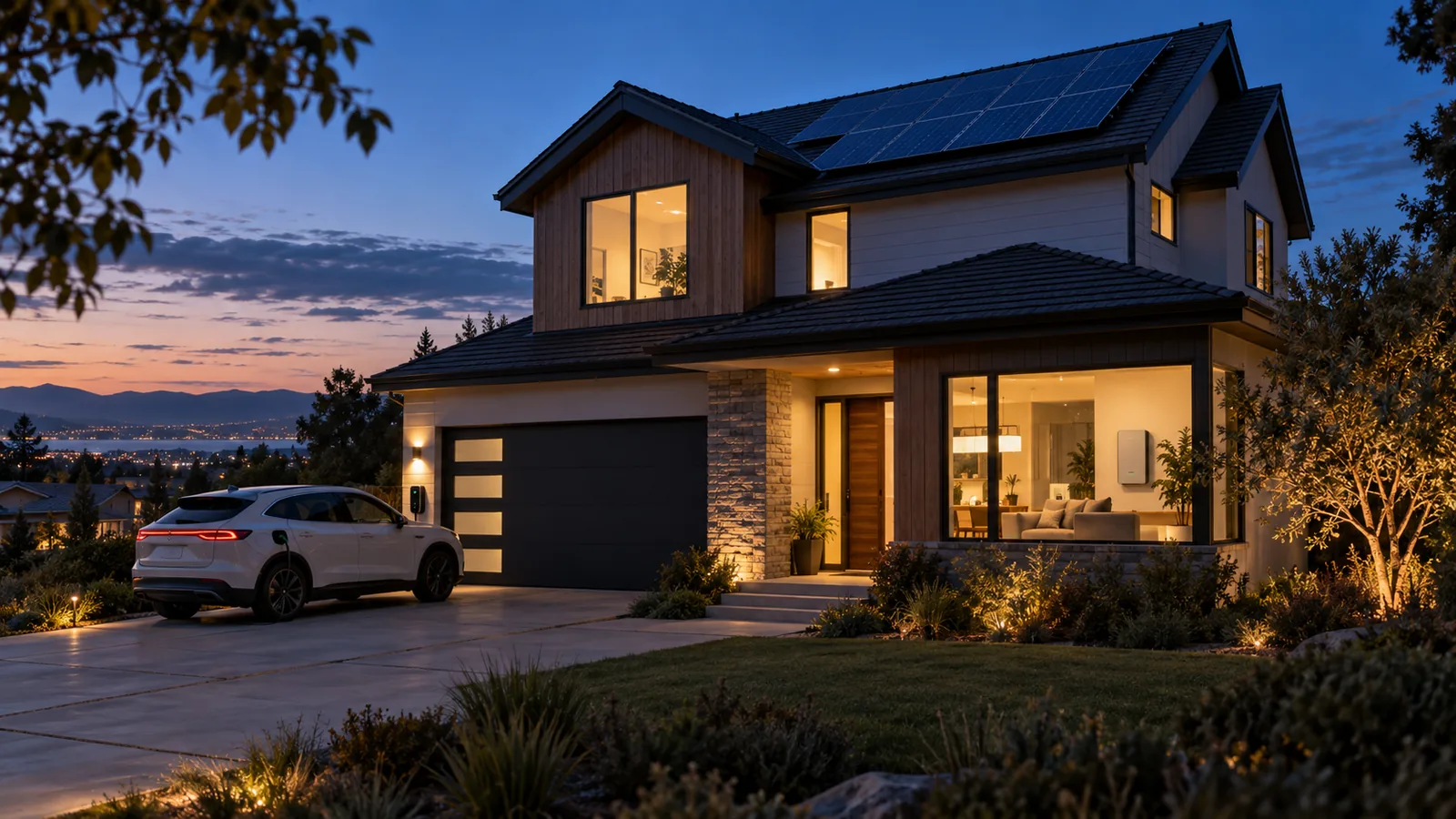 Modern home with rooftop solar, an electric vehicle, and a home energy management gateway at dusk