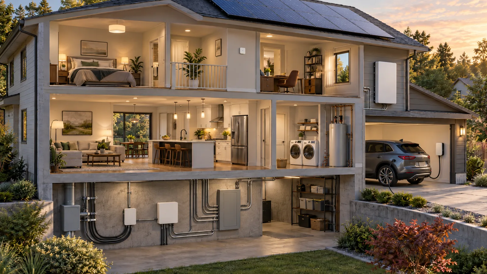 Cutaway home showing an energy monitor, control gateway, smart electrical panel, solar, battery, EV charger, and connected loads