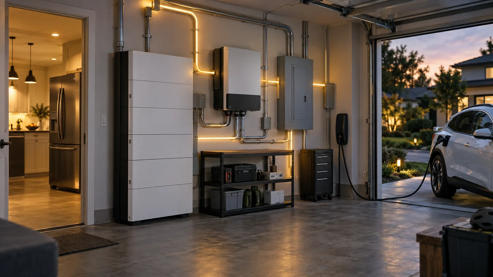 Home battery, inverter, electrical panel, and EV charger in a garage illustrating the equipment behind backup planning