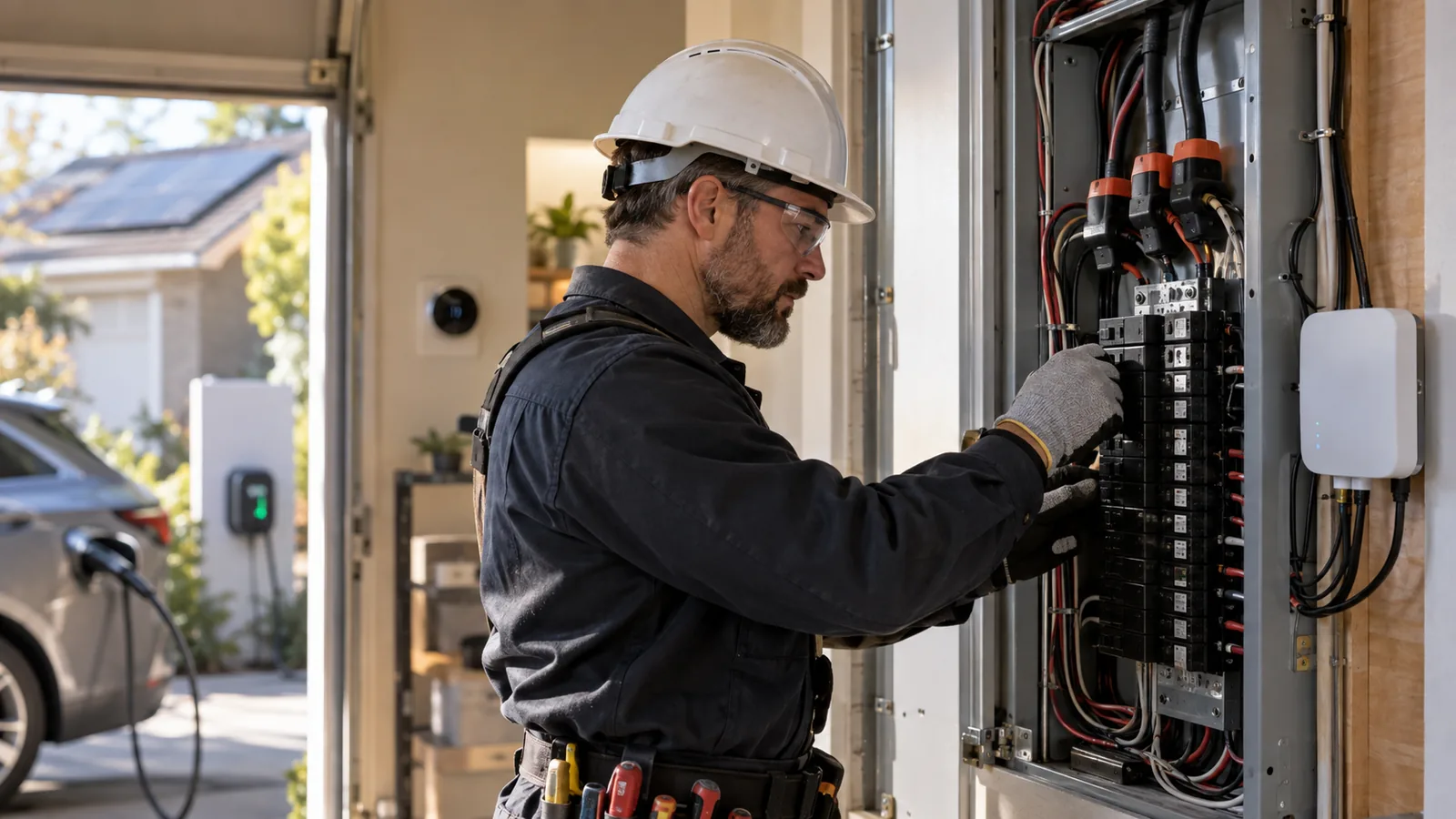 Qualified electrician inspecting a residential electrical panel beside an energy management gateway and EV charger