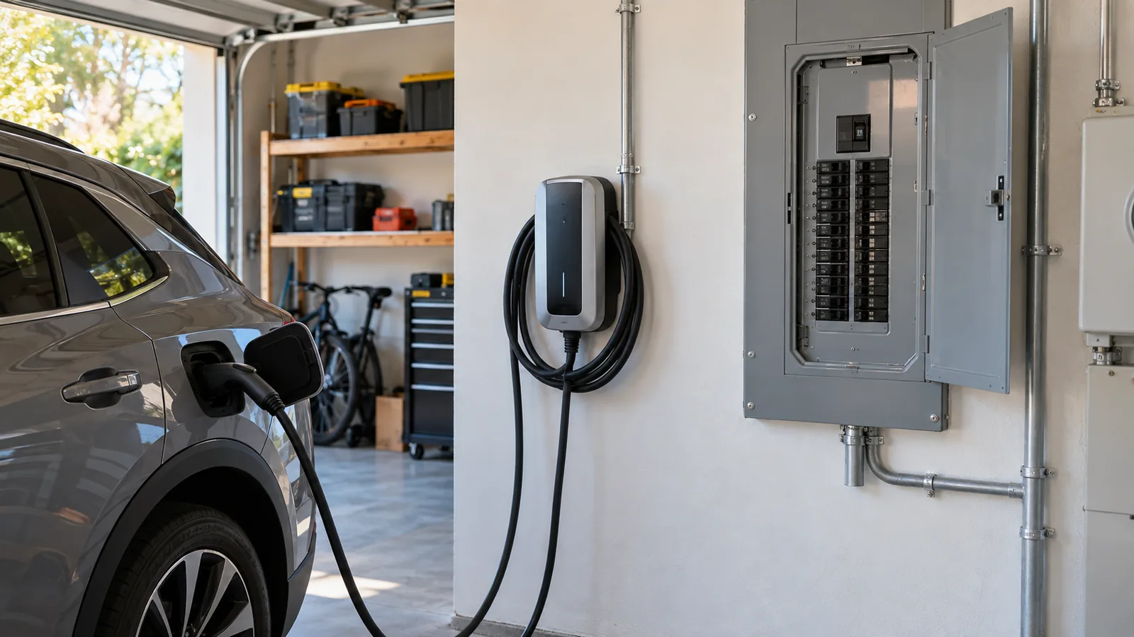 Electric vehicle charging in a residential garage beside a wall-mounted EV charger and service panel